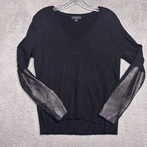 J CREW Women V Neck Sweater XS Black Wool Leather Arm Sleeve Minimal Capsule